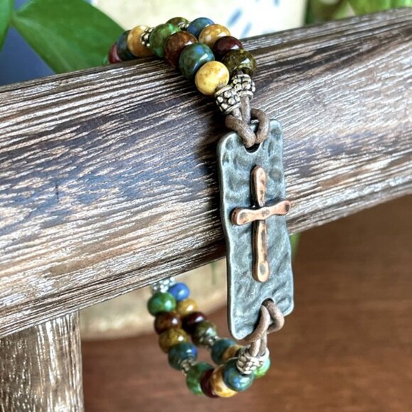 Boho Glass Bead Leather Bracelet - Picture 5 of 9